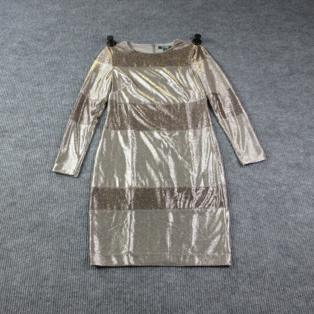 Lauren Ralph Lauren Dress Womens 4 Gunmetal Sheath Knee Length Glitter Lined NWT